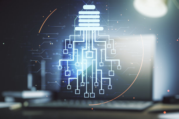 创意灯泡与芯片全息图在现代笔记本电脑的背景，人工智能和神经网络的概念。Multiexposure图片下载