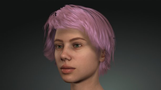 模特的脸，紫色的头发和绿色的眼睛。现代美女的面孔。3d模特女孩，美丽的脸没有绝缘的化妆。时尚和化妆3d插图图片下载