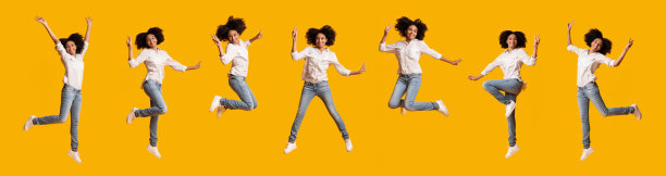 在黄色背景中跳跃的快乐黑人女孩拼贴照片图片下载