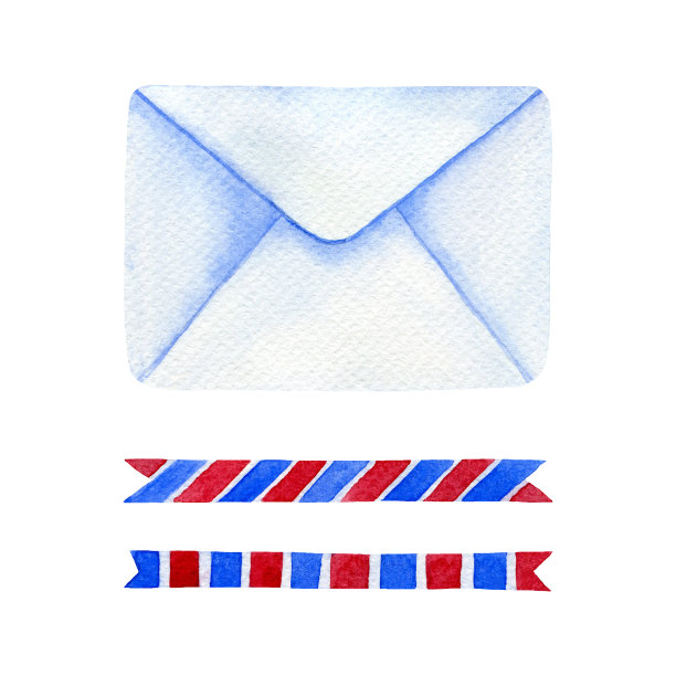 水彩信封和两条红蓝相间的邮政缎带，孤立在白色背景上图片下载