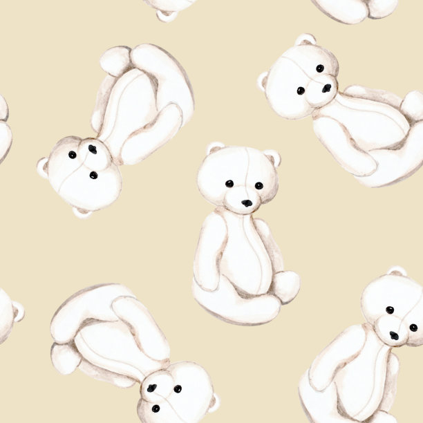 玩具北极熊宝宝米色背景，无缝图案，手绘水彩。图片下载