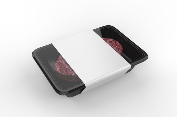 肉类食品托盘与空白纸标签，3d渲染插图。图片下载