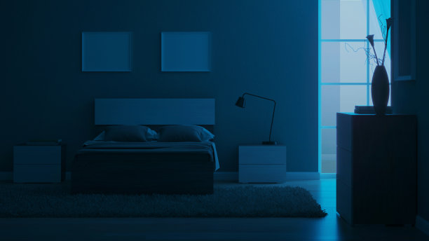 带有淡绿色墙壁的现代卧室内部。的夜晚。晚上照明。3 d渲染。图片下载