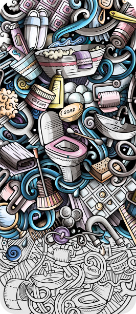 浴室手绘涂鸦横幅。卡通详细的传单。图片下载