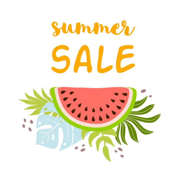 夏季销售文字西瓜热带叶。夏季背景水果热带销售旗帜图片下载