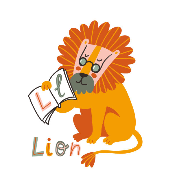 教育卡通矢量插图手绘英语字母l字母与狮子。动物角色为儿童设计。图片下载