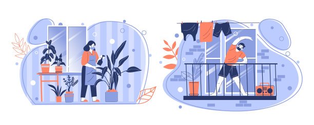 在隔离期间，人们和人物戴着医用防护口罩呆在家里。远程工作和在线培训。流行,冠状病毒大流行。图片下载