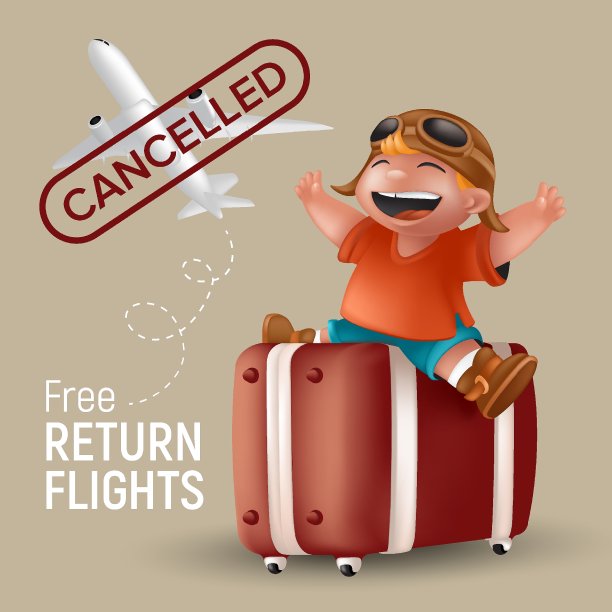 免费返回飞行矢量插图飞机和卡通小男孩在橙色t恤和飞行员眼镜坐在举起手在棕色手提箱。小孩旅行者角色与取消邮票图片下载