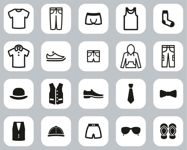 男装服装和配件图标黑色和白色平面设计集大图片下载