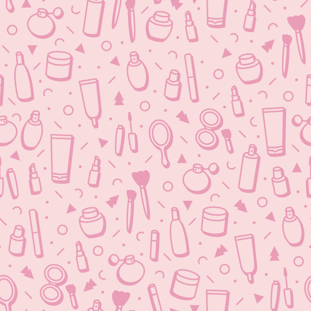 化妆品无缝图案。卡通化妆背景。口红、睫毛膏、香水、眼影。化妆品和美容护理模板商店在线风格。美矢量插图。时尚。图片下载