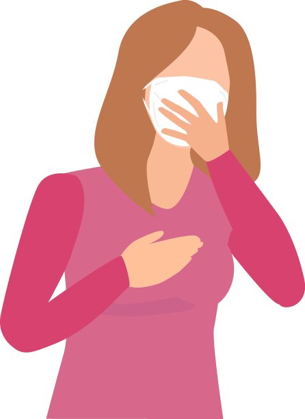 一个女孩在面具中捂着她的嘴打喷嚏的插图。在新型冠状病毒(2019-nCoV)期间打喷嚏。图片下载