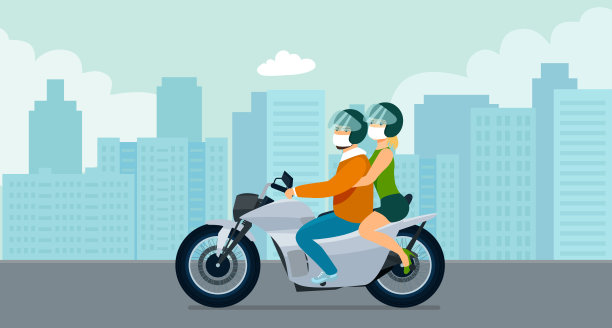 摩托车和一个年轻的男人和女人在一个抽象的城市景观的背景驾驶医疗面具。矢量平面风格的插图。图片下载
