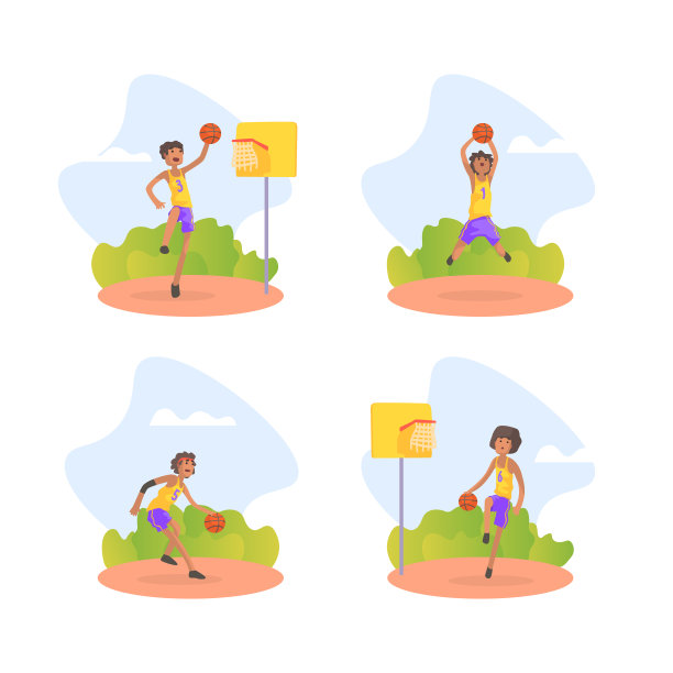 十几岁的男孩穿制服打篮球在操场上设置矢量插图图片下载