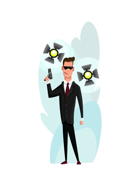 平男角色的专业演员。平面卡通矢量插图。电视人的工作。黑色西装的超级英雄素材图片