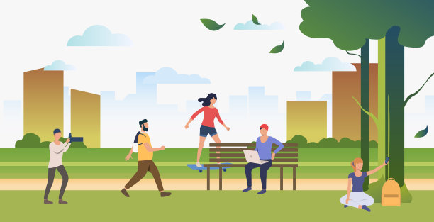人们在城市公园里做运动、放松和拍照图片下载