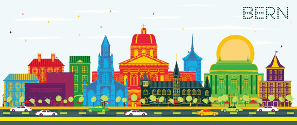 瑞士伯尔尼城市的天际线有彩色的建筑和蓝天。图片下载