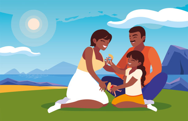 一对父母和女儿的背景景观图片下载