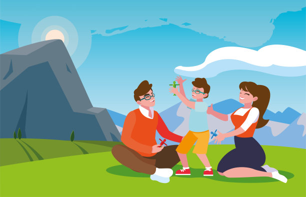 一对父母和儿子与背景景观图片下载