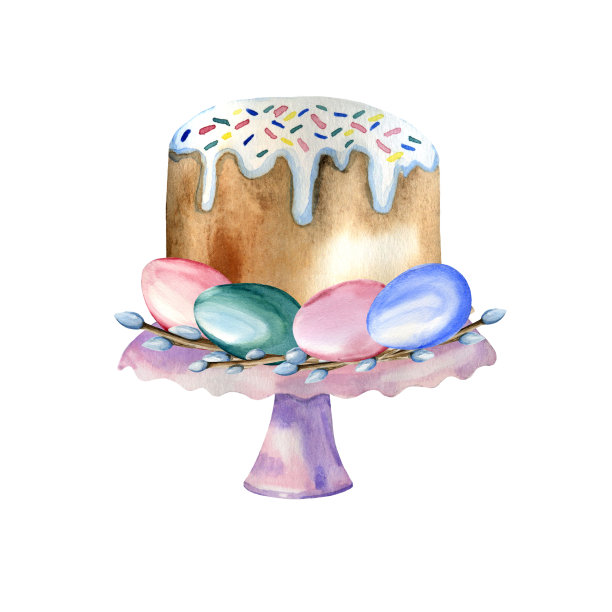 水彩手绘的传统复活节蛋糕与糖霜，五彩蛋和柳枝在紫罗兰的立场。图片下载