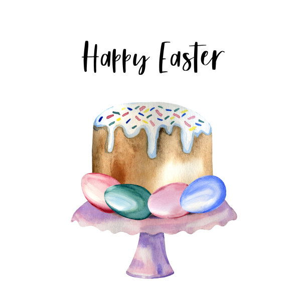 水彩手绘的传统复活节蛋糕与糖霜和五彩蛋在紫罗兰的立场。图片下载