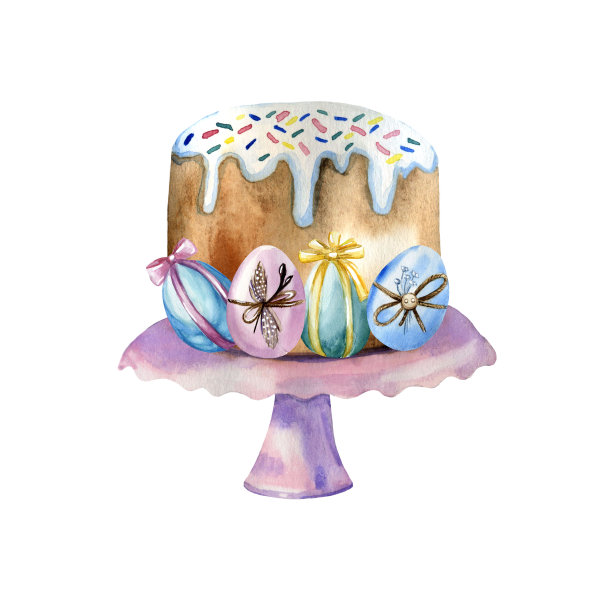 水彩手绘的传统复活节蛋糕与糖霜和彩色装饰蛋在紫罗兰的立场。图片下载