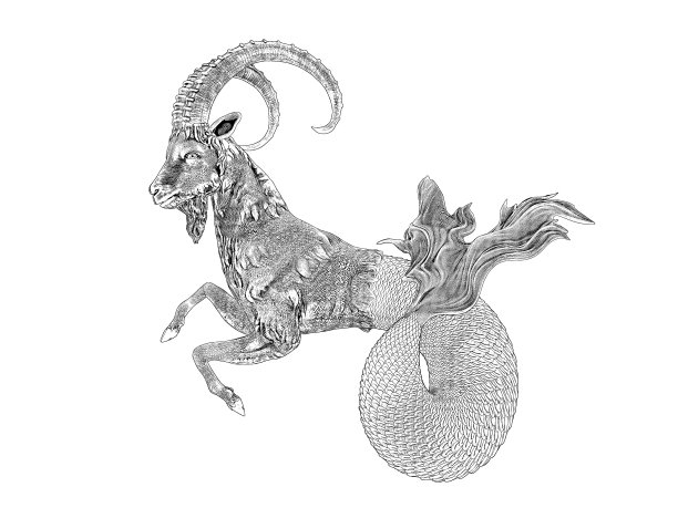 摩羯座雕像孤立在黑色背景。图片下载