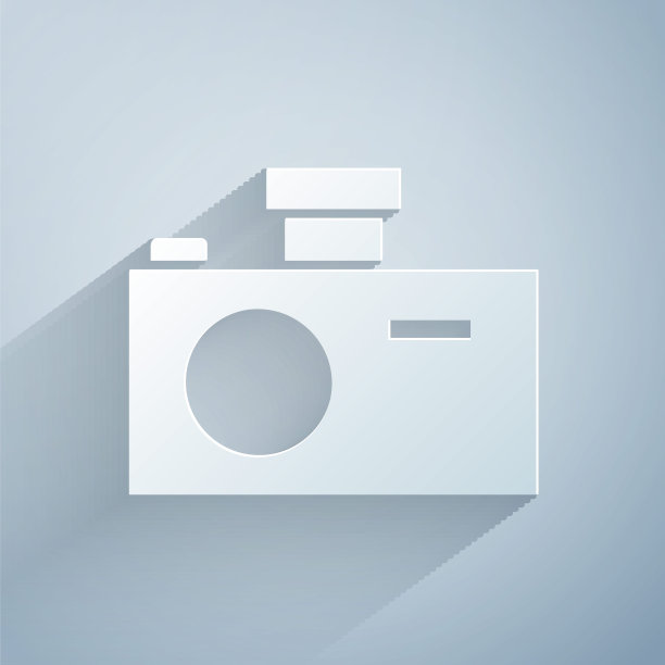 剪纸照片相机图标孤立在灰色背景。与相机图标。纸艺术风格。矢量图图片下载