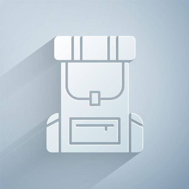 剪纸徒步背包图标孤立在灰色背景。野营和登山背包。纸艺术风格。矢量图图片下载