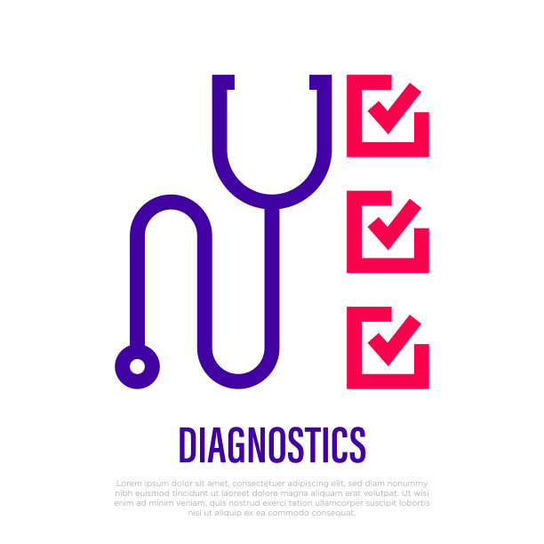 医学诊断的细线图标。听诊器和检查标记。医学报告。医疗保健和医学媒介插图。图片下载