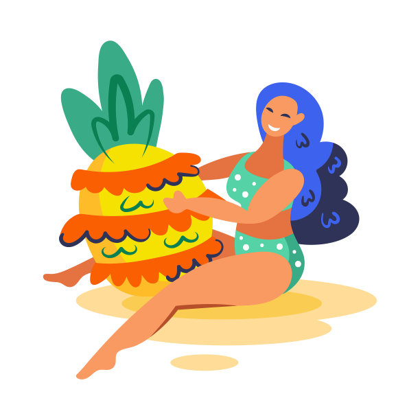 年轻的女孩微笑着，蓝色的头发和绿色的泳衣和菠萝坐在海滩上图片下载