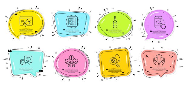 微笑，保持t恤和明星评级图标集。啤酒瓶、共享经济、Seo营销标志。向量图片下载