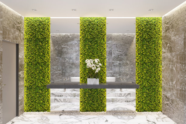 深色大理石浴室的内部，镜子旁边有一个洗脸盆，有照明的苔藓墙，白色兰花，浅色大理石地板，背光天花板。前视图。图片下载