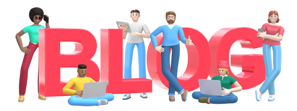 文字博客在白色背景。一群拥有笔记本电脑，平板电脑和手机的年轻跨文化成功人士。横横幅卡通人物及网站标语。3 d渲染。图片下载