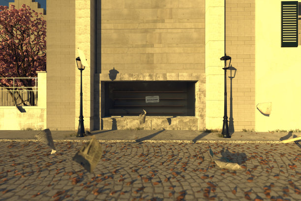 3d效画图的展示与悬挂关闭的德语标志和飞行的报纸。概念鬼城图片下载