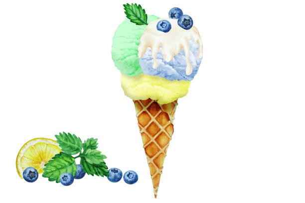 柠檬、薄荷、蓝莓冰淇淋，配白巧克力和浆果，水彩画。图片下载