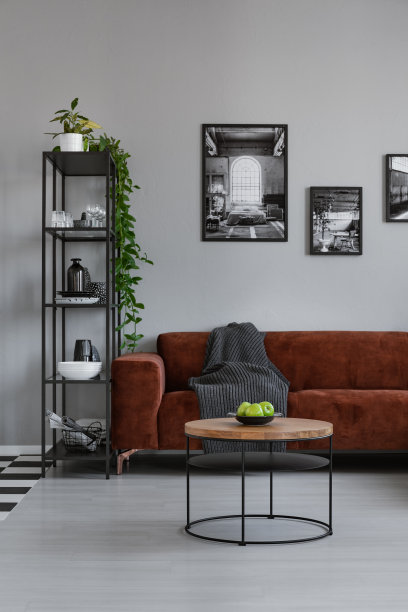 斯堪的纳维亚风格的宽敞客厅配有舒适的棕色角落沙发图片下载