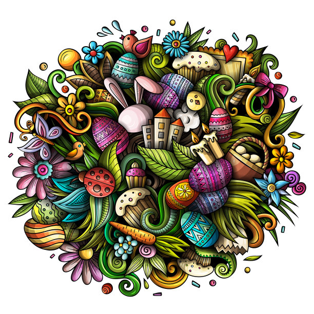 复活节快乐手绘矢量涂鸦插图。有趣的图片颜色。图片下载