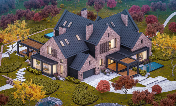 秋季傍晚池塘上现代熟料房的3d效果图图片下载