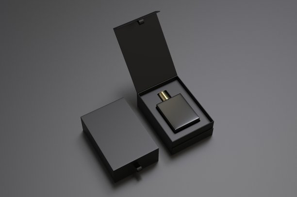 空白香水瓶硬盒品牌，3d渲染插图。图片下载