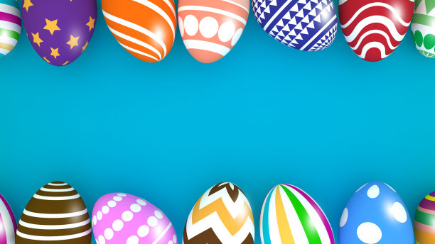 五彩缤纷的复活节彩蛋背景设计。三维渲染图片下载