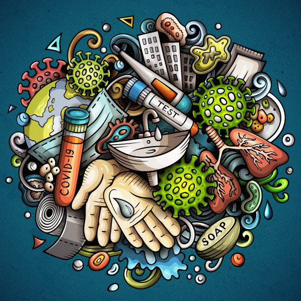 新冠病毒手绘卡通涂鸦插画。五彩缤纷的成分图片下载