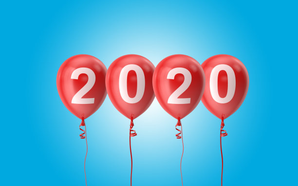 2020文字与红色气球在蓝色背景下飞行图片下载