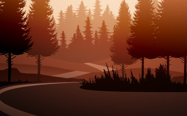 天然松树林。山高水平线，山高路线。日出日落。风景壁纸。矢量插图风格。色彩斑斓的视图的背景。图片下载