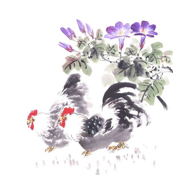 鸡和母鸡用中国绘画风格的花，表示美好的祝福图片下载