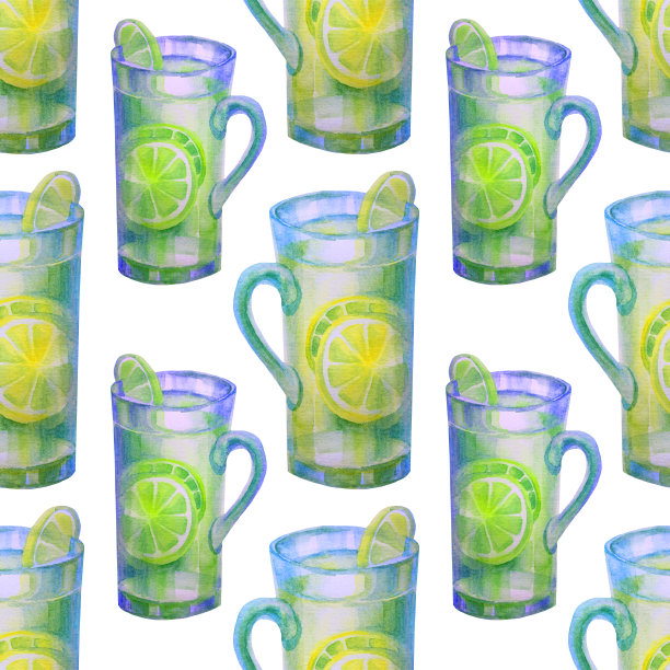 无缝模式水彩画的玻璃杯与柠檬水和柠檬创意手绘背景包装图片下载