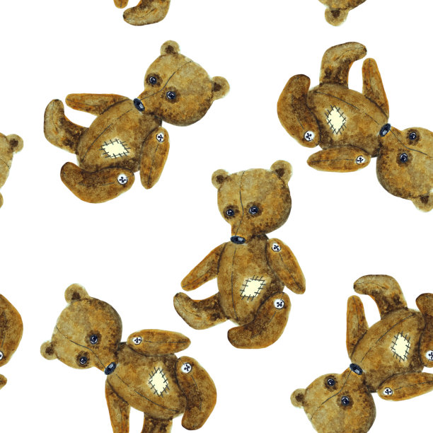 玩具老棕熊宝宝白色背景，无缝图案，水彩。图片下载