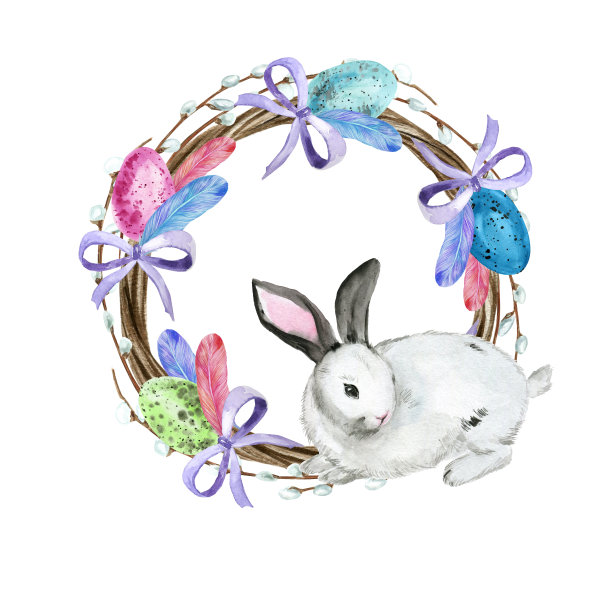 准备好带着可爱兔子的复活节圆卡。精美的水彩插图，适合复活节，第一次圣餐，洗礼邀请。图片下载