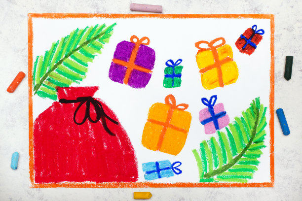 彩色图画照片:圣诞时间，礼物和圣诞老人麻袋图片下载