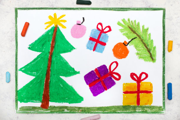 彩色图画照片:圣诞时间，礼物和圣诞老人麻袋图片下载