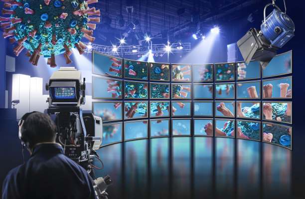 电视演播室的COVID-19冠状病毒微观3D模型图片下载